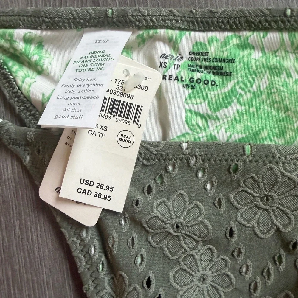 Aerie Real Good Cheekiest Bikini Bottom Olive Green Eyelet Floral Side Tie XS